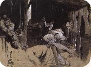 Tom roberts First sketch for Shearing the Rams oil on canvas